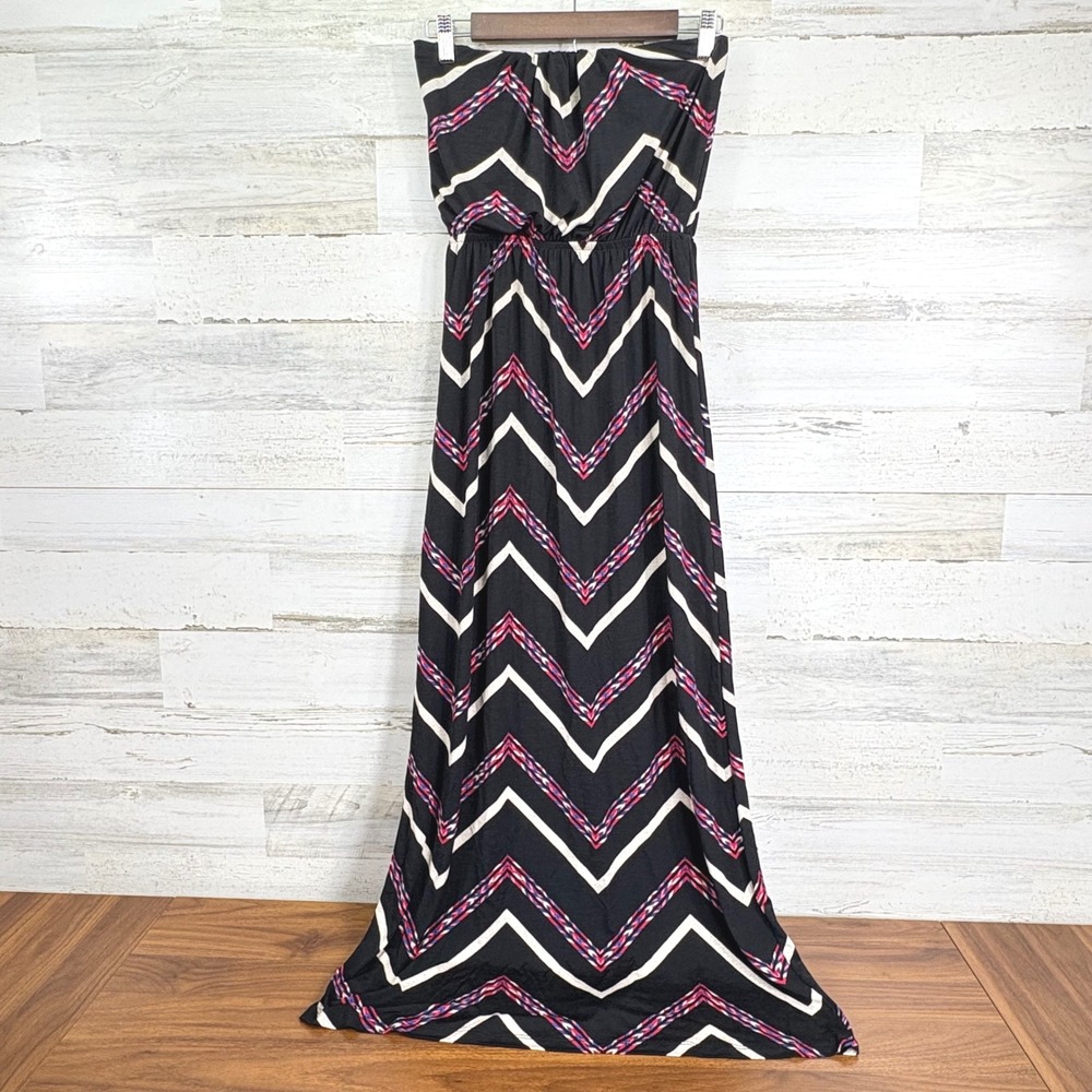 Three Pink Hearts Trixxi‎ Strapless Chevron Maxi Dress Black Magenta White Small